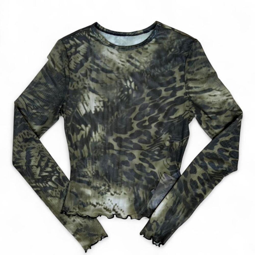 Long Sleeve Top Green Abstract Camo Y2K Sheer Fitted Women’s XS
